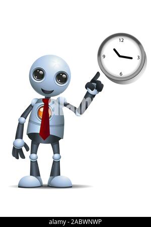 3d illustrazione del piccolo robot business rivolta verso l'orologio isolato su sfondo bianco Foto Stock