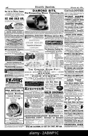 Il Cameron POMPA A VAPORE PROGETTATO PER L'utilizzo in pompe arredate con Nova rivestimenti in ferro o Compositios Phosphor-Bronze. Piedi EAST 23d STREET A NEW YORK CITY. leffel Ruote di acqua ARNOUX-HOCHHAUSEN ELECTRIC CO. BRADLEY & COMPANY Siracusa N. Y. catalogati. Il pericolo MANUFG. CO. PLUMBING & PRODOTTI SANITARI DEL J. L. MOTT Iron Works i motori di sollevamento., Scientific American, 1881-03-26 Foto Stock