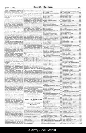 Comunicazioni ricevute. Indice delle invenzioni lettere di Brevetto degli Stati Uniti sono state concesse per il fine settimana e ogni cuscinetto che data, Scientific American, 1881-06-11 Foto Stock