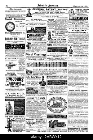 Per alimentazione caldaia. Uffici e WAREROOMS: Leffel Ruote di acqua con importanti miglioramenti. Bel nuovo opuscolo per 1883 inviata gratuitamente a coloro che sono interessati. Springfield, Ohio. 0 Liberty San N. Y. Città. L ' INIETTORE DI SOLLEVAMENTO. Accurate leggibili. Rider è di nuovo e migliorato compression INTERCHANCEABLE PIANO ROCK automatici e i frantoi di minerale. FARREL FONDERIA E MACHINE CO. Manufrs. Ansonia Conn.. COPELAND it AGENTI DI BACON di New York. San Francesco Cal. "4 Califor nia Street., Scientific American, 1885-01-24 Foto Stock