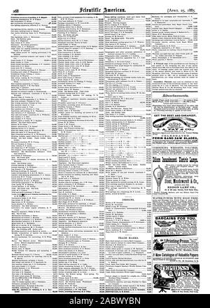 All'interno di ciascuna pagina di inserimento 75 centesimi a linee pagina indietro ogni inserimento S1.00 una linea. Perino lame per seghe a nastro Stout fileadouroft & LAMPADA EDISON CO. 21 & 23 Ann Street a New York City. CET il migliore e più conveniente. Le occasioni per voi. Fare il vostro proprio stampa! MELVIN STEPHENS Prop., Scientific American, 1885-04-25 Foto Stock