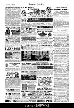 FIRE-LUOGO RISCALDATORI B. C. BIBB ok figlio Scientific American IL PAYNE IL MOTORE AUTOMATICO ascensori un grande lavoro di medico su virilità. In tre dimensioni. Pirometri misuratori di pressione di sicurezza lampade  minerario e meteorologia JAMES W.QUEEN & C ROCK automatici e i frantoi di minerale. FARREL FOE:Milt% E MACCHINA CO Maniiirs. Ansonia. Comm.. Costruzione della carta. Nervoso cappa Uomini Salute e vigore con l. Abbiamo, 1885-07-11 Foto Stock