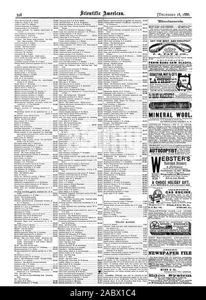 CET la migliore e più conveniente di Perin lame per seghe a nastro mineral lana. 212 CORTLANDT sTREET N. Y. GIORNALE DIIIll FILE & CO. La luce elettrica e alimentazione. Potenza ENCINE CAS. STERLINC ILL. EBSTER sui preziosi in ogni &hoot e a ogni Fireside. Un Dizionario Dizionario Biografico tutti in un unico libro. Motori modello cataloghi gratuiti., Scientific American, 1886-12-18 Foto Stock