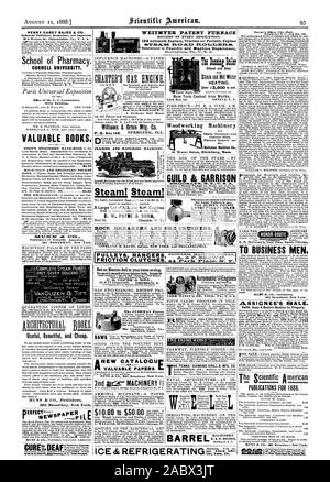 I PRODUTTORI DI BEN TROPPO L S. Aurora Ill tra per uomini di affari. 361 Broadway New York. Smith Beggs &Ranken Machine Co. Proprietà. Pubblicazioni per il 1888. Il brevetto WEITMYER Forno di caldaie di ogni descrizione. Ilarrisburg Pa.. S. UN CUSHMAN Brevetto Cushman Chuck Co. Hartford Connecticut. $10500 a $50 ROCK automatici e i frantoi di minerale. FAURE. Fonderia e MACHINE CO. Produttori Conn. Ansonin COPELAND & BACON GLI AGENTI DI NEW YORK e pillola.LADELPHIA. ICE & REFRIGERATINGE.7%K.'':, Scientific American, 1888-08-11 Foto Stock