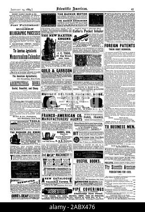 MUNN & CO. Per gli uomini d' affari. MUNN & CO editori 361 Broadway New York. Fornace di calce che consente di risparmiare il 36 per cento. Pubblicazioni per il 1889. THALMAN FIFO. CO. N 14. Baltimore Md. U.S. A. 2a macchinari ic ri CATALOCU nuove carte preziose MUNN & CO. 361 Broadway New York. Diamante Encyclo libro free Casa filiale: e 13 S. Canal St Chicag Mali. Il motore di BACKUS - L'ASPIRATORE BACKUS BACKUS ACQUA MOTOR CO. Newark N.J. Cinghie di gomma flessibile PACKINC. Più antiche e più grandi produttori negli Stati Uniti di VTILCANIZ ED I TESSUTI DI GOMMA per scopi meccanici. Una specialità. Tappetini in gomma gomma MATTINC E SCALE Foto Stock