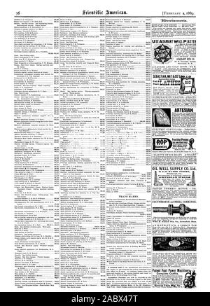SEBASTIAN PUÒ&CO'S Pow ARTESIAN presse di punzonatura INES E ALTRI STRUMENTI OLIO ALIMENTAZIONE BEN CO. Ltd. Wiley & Russell Mfg. Co. Greenfield. Messa. Dentro l'età ogni inserimento . 75 centesimi una linea. Torna alla pagina precedente ogni inserzione r . 91.00 una linea. Utilizzare irremovibile intonaco è difficile densa e irremovibile MFG Co. 71 E. Genesee Street piede di brevetto macchinari elettrici completare gli abiti. Seneca Falls MA. Co., Scientific American, 1889-02-02 Foto Stock