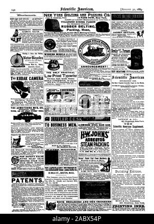 Mertran stabilito 1540. 52 numeri all'anno. 36 Io Broadway New York. MUNN & CO. Gli editori inchiostri di stampa. PENBERTHY MIGLIORATA INIETTORE AUTOMATICO. Shepard è di nuovo $60 il pratico solo a basso prezzo i nastri inchiostratori per macchine da scrivere First-Class rapida Business durevole aria isolata facciamo una specialità di potere tu ROCK automatici e i frantoi di minerale FARREL fonderia e macchina eial anufactut un NSoNIA CONN. !Nay-% lama= esporre un immensa superficie riscaldata., Scientific American, 1889-08-31 Foto Stock