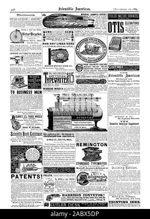 Speciale offerta campione Beaver Falls Pa. Rob Roy flessibile di lino 234 Devonshire Street Boston. 222 Lake Street Chicago. YPEITRITER. Lo standard di cemento amianto sezione di infeltrimento :copertura del tubo. ASBESTO-spugna non conduttore di rivestimenti. 48c. IMAERICANI:LLTEL:PEON:CO. Convogliatore di HARRISON! REMINGTON MACCHINA DA SCRIVERE STANDARD (piega Medal-Paris Exposition 1889. Wyckoff Seamans & Benedetto 327 BROADWAY NEW YORK. e di tutti newsdealers. abitacolo Page ogni inserimento . 75 centesimi aline. mancanza di ogni pagina di inserimento . 91.00 una linea. JENKINS" automatica VALVOLA ARIA JENKINS BROS. Materiale nichel 10 00 PER GLI UOMINI D' AFFARI MUNN & CO Foto Stock