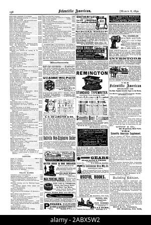 SEBASTIAN può&CO S agenti utensile voluto i migliori strumenti di meccanica una specialità C.B.JAMES.SB LAGO ST. CHICAGO. Disegni e modelli. Marchi commerciali. 9.0Verfieements. Utilizzare irremovibile intonaco è duro e denso ad 309 E. Genesee San Siracusa N. Y. ICE-house e la camera fredda.-DA R TORNIO C. H. DE LAMATER & CO. GATES ROCK & martello minerale ha prodotto più zavorra road tutti gli altri interruttori combinati. Cati Iron Works di Chicago. Parti di modelli motori modello cataloghi gratuiti. Il tipo di acciaio per macchine da scrivere in acciaio stencil timbri in gomma e in metallo ruote tipo. New York stencil lavora Mfrs. K a mano o di alimentazione. Street RESSES Foto Stock