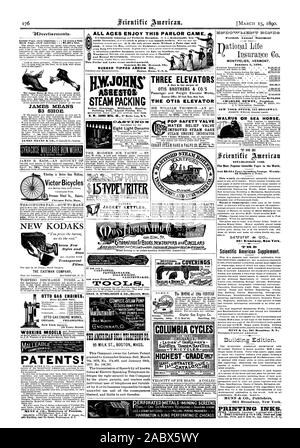 Con punta in gomma freccia CO. !Doma significa $3 calzatura. Nuovo KODAKS LA SOCIETÀ EASTMAN OTTO MOTORI A GAS. OTTO GAS MOTORE FUNZIONA CHICAG Philadelphia. New York Agenzia è Vesey Street. Brevetti! MUNN & CO. Gli avvocati di Patentg JOHNS ASRESIVI vapore caldaia Imballo Cartoni coperture Coperture 15TYPWRITER BREVETTO Bollitori a Camicia se siete falegname PATTERNM UN K ER CA BINETMAKER e desidera First-Class CHAS. A. STRELINCER & CO. Detroit Mich SUPPLYTANK5 CRUM NCI NN ATI 0. TIM AM:RICAN iell'EPHON: 95 LATTE ST. BOSTON MASS. IPES UN 0 A TUTTI GLI ALTRI = 1 T D 777 INT 'I' ECS quarantesimo dichiarazione annuale MONTPELIER VERMONT. Gennaio Foto Stock