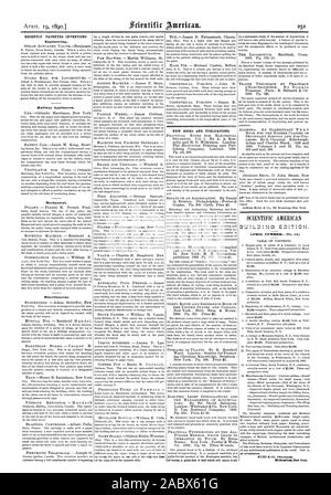 Recentemente invenzioni brevettate. Engineering. Apparecchiature ferroviarie. Meccanica. Varie. Nuovo BOORS e pubblicazioni. Numero di aprile.-(n. 54.) 361BroadwayNow York., Scientific American, 1890-04-19 Foto Stock