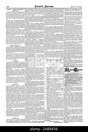 Recentemente invenzioni brevettate. Engineering. Apparecchiature ferroviarie. Meccanica. Agricola. Varie. Tutti newsdealer'. da logaritmi., Scientific American, 1890-06-11 Foto Stock