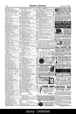 Utilizzare irremovibile INTONACO 4distributore. SEBASTIAN PUÒ8b CO'S 165 W. 2d San Cincinnati O. LAMPADE EDISON invieremo catalogo gratuito e come fare un buon mercato batteria lampada EDISON CO. HARRISON N. J. concessionari. POP VALVOLA DI SICUREZZA ACQUA VALVOLA DI SFIATO migliorata vapore Vapore manometro indicatore motore singolo Suono di campana fischio e tutti gli strumenti Starrett la combinazione di brevetto Square prezzi da II1.25 ideale Musical Box è la sua ultima invenzione in Swiss Musical Dogi NUOVO CATALOCUC utile bella ed economici. MUNN & CO. Gli editori 361 Broadway New York. È duro e denso ad Syracuse N. Y. brevetto potenza piede macchin Foto Stock