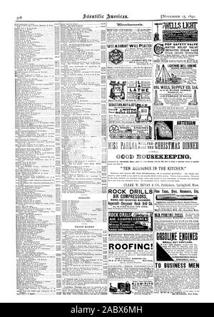 Tornio SEBASTIANMAY&GO IL PIEDE perforatrici da roccia compressori aria INDUSTRIA MINERARIA ED ESTRATTIVA MACCHINARI Ingersoll - il sergente Rock Drill Co. OFINC! Soffiare il tubo a rubinetti Fine muore alesatori ecc. WILEY & RUSSELL MFG. CO. Greenfield messa. CINCINNATI in Ohio. Per gli uomini d' affari 301 Broadway New York. Motori MODELLO 0 0 CANDELA' P GrWfirtia TOM T UTILIZZARE IRREMOVIBILE INTONACO POP VALVOLA DI SICUREZZA migliorato il calibro di vapore di acqua VALVOLA LIMITATRICE DI FULMINE BEN-SINKING OLIO ALIMENTAZIONE BEN CO. Ltd. XISS ARTESIANO 0amp.:: cena di Natale per la buona manutenzione " Dieci ogni mattina nella cucina., Scientific American, 1890-11-15 Foto Stock