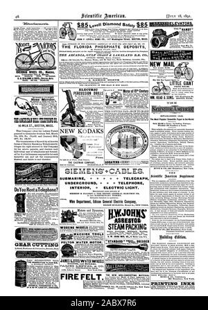 Gli ascensori. Valvola a saracinesca GLI ARTICOLI DI Scientific American del 27 giugno e 4° JIlLY 1891 SULLA FLORIDA depositi di fosfato di Arcadia Gulf Coast & LAKELAND R.R. Il prospetto della strada è ora pronto. TIMAMMUCA22101:CO. concesso a Alexander Graham Bell 7 marzo 1876 n. 174465 e 30 gennaio 1877 n. 186787. La trasmissione del parlato da tutte le note forme di lingua elettrico telefoni di frange il diritto fissato per tale società con i brevetti di cui sopra e rende ogni ed di esso o i suoi licenziatari responsabili per tale uso illegale e tutte le loro conseguenze e suscettibili di soddisfare Foto Stock