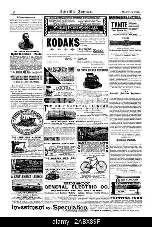 Gli ascensori. Il TANITE Tanite Co. Smeriglio macchine rettificatrici coltello affilatori Arrotini. STROUDSBURG PA. ESTA BLISHED 1846. Il più popolare documento scientifico nel mondo ROCHESTER N. Y. Il CHUBB OTTO-striscia di aste Split-Bamboo TB: AM:CM' NULLA T:1201: CI. 95 Latte ST. BOSTON MASS. Questa società possiede le lettere di brevetto concesso a Alexander Graham Bell marzo 1877 n. 186787. La trasmissione del parlato da tutte le note forme di lingua elettrico telefoni di frange il diritto fissato per tale società con i brevetti di cui sopra e rende ogni singolo utente di telefoni non fornisca esso e responsabile per Foto Stock