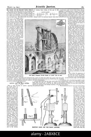 La più grande e la più piccola ruota di acqua. Luce elettrica per lanterna magica. D grande Overshot Acqua Ruota a Laxey ISOLA DI MAN. Luce ELETTRICA PER LA LANTERNA MAGICA., Scientific American, 1892-03-19 Foto Stock