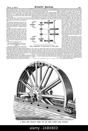 Fune di trazione per cavo impianti ferroviari. La trasmissione di potenza da pulegge per funi di tamburi per cavi. Una grande fune di trazione ruota per la terza Avenue CABLE RAILROAD., Scientific American, 1892-04-09 Foto Stock