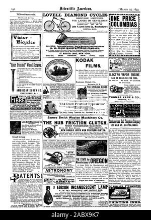 Vite americana CO. La provvidenza R. I. 1 realizzato in morbido o rigido. Per USO GENERALE NELLA MACCHINA SHOP Link-Belt macchinari C di Chicago. Buona vita ATENTS! Produce è Victor + Biciclette COLUMBIAS 'NW NV 'NW elettro motore di vapore. GAS O BENZINA PER IL CARBURANTE. Nessuna caldaia. NO FIRE. Nessun pericolo. NO ingegnere. THOMAS Kane & CO. CHICAG ILL. Thi Amrica: B: T:1:phou copia 125 LATTE ST. BOSTON MASS. cuARANTEED inchiostri di stampa. Ste. Philadelphia e 47 Rose San opp.Duane.New York EDISON lampada ad incandescenza è la sola lampada ad incandescenza lecitamente resa. Tutti gli altri violano i brevetti di Edison e sono falsi. Il RICHT DI Foto Stock