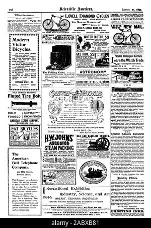 LOVELL cicli di diamante di qualità più alta. Pienamente giustificata. JOHN P. LOVELL BRACCI CO. I produttori di massa di Boston. Luce popolare Botabster peso '25 libbre PREZZO E5. "Aibvertitsemenfo. Prezzi ordinari. Ogni pagina ingertion - 75 centesimi una linea Eirbk Page ogni innertiun n.lina parole per riga. Questo avviso indica la larghezza della linea moderna Victor biciclette. Sei più modelli perfect mai mostrato. Equipaggiato con la celebra ted Victor pneumatico che ha portato tutti gli altri dall'inizio. I miglioramenti più recenti. Un reaj galleria d'arte del ciclo di bi di perfezione. Prezzo Standard $125.00 stabilito da noi e da adottare ed di Foto Stock