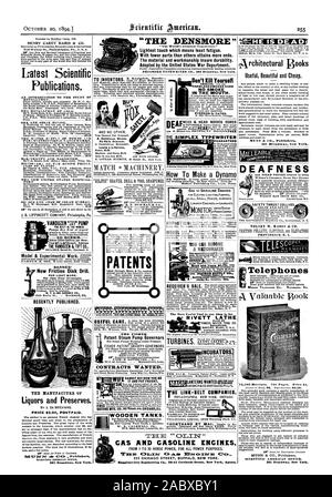 Con un minor numero di parti di altri raggiunge più estremità. I materiali e di lavorazione per assicurare la durata. Adottato dal dipartimento della guerra degli Stati Uniti. I SIGG. MUNN & Co. Così303 brevetti serbatoi di legno. GAS E MOTORI A BENZINA DA 1 A 10 cavalli per tutti gli scopi di potenza. 222 CH ICACO STREET BUFFAL NEW YORK. 1894 Scientific American INC., 1894-10-20 Foto Stock
