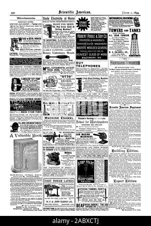 9.0Verfisements. 12500 ricevimento 708 pagine. Prezzo € 5. SCIENTIFIC AMERICAN OFFICE 361 Broadway New York. Studio elettricità in casa di CLARK rotante brevettata spazzola di tappezzeria. 180 Washington Street Boston Massachusetts 060000 reoseatal% compra telefoni Parson's orologeria Istituto. Incisori e gioiellieri 301 Bradley Avenue PEORIA ILL. Automatico di brevetto può rendere i macchinari. Presse e stampi speciali chinery ma per lamiera lavoratori. Prezzi ordinari. Pagina interna. Ogni ineertion - . 75 centesimi un linea di alimentazione Footaildllagd illachigerg SEM UN PALLS MFG. Azienda montato e smontato sempre tenute in magazzino. Ricordati di noi Foto Stock