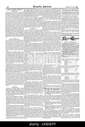 Recentemente invenzioni brevettate. Engineering. Apparecchiature ferroviarie. Meccanica. Varie. Nuovi libri e pubblicazioni. 1, Scientific American, 1896-08-11 Foto Stock