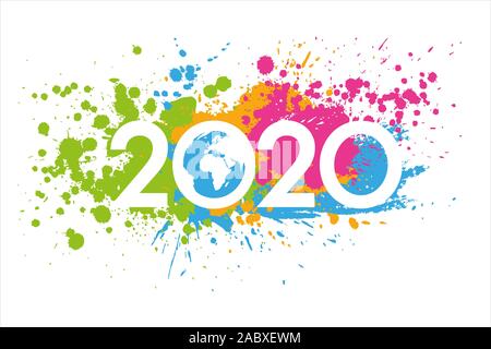 Nuova data dell'anno 2020 dipinte con macchie colorate, mappa del mondo all'interno. Biglietto di auguri materiale per l'ambiente. Foto Stock
