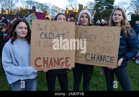 Edimburgo, Scozia, Regno Unito. 29 Nov, 2019. I giovani manifestanti radunati al di fuori dell'edificio del Parlamento scozzese a Holyrood, Edimburgo per contrassegnare Global Climate Action Day. Simili proteste avvenute in molte città europee. Credito: Iain Masterton/Alamy Live News Foto Stock