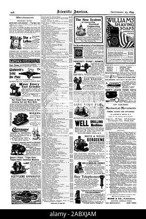 Toepler-Holtz macchina elettrica. 1010 Chestnut San Philadelphia PA. Apparato di acetilene potrokviNa tutti PUR 'ILLY-metalli foro cfi MIETZ & Weiss ' WOLVERINE' GAS & MOTORI A BENZINA stazionaria e marine. WOLVERINE MOTORE LAVORA 12 Hu ron San Grand Rapids Mich Acquistare telefoni che sono buoni--NON - a buon mercato cose." WESTERN TELEFONO COSTRUZIONE CO. "American-Hunnings' telefoni. AMERICAN ELECTRIC TELEPHONE CO. 173 South Canal San Chicag, Scientific American, 1899-09-23 Foto Stock