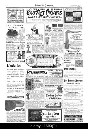 Di CINCINNATI. In Ohio. Carburo di calcio per l'esportazione. E. A. NERESHEIMER 35 Nassau St. New York City. ECAMOI Vernice di alluminio. Admiral Dewey di Densmore Pubblicazioni per il 1900. Le tariffe per posta. Tariffe COMBINATO A PAESI ESTERI inchiostri di stampa meccanico Catalogo n. 16 B. Ogni nuovi modelli 4 e 5 di acciaio STEREO PENNE& emington Nastri inchiostratori per macchine da scrivere potenti sensibile efficiente e durevole. 'L'Reeves velocità variabile il contralbero REEVES PULEGGIA CO. COLUMBUS IND" U. S. A., Scientific American, 1900-01-06 Foto Stock