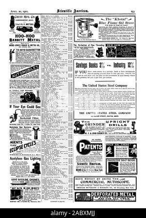 Progetta il copyright &C. Bmerican scientifica. Risparmiare denaro utilizzando MUTOSCOPE COMMERCIALE. AMERICAN MUTOSCOPE BIOCRAPH & CO. 841 Broadway New York. Metallo ERFORATED di ogni descrizione' E PER TUTTI GLI USI. Tenere premuto su VI POTENZIALI COMPRATORI. La Monarch Marine i motori a benzina. Grand Rapids Gas Motore Yacht Co. Grand Rapids. Mich, Scientific American, 1901-04-20 Foto Stock