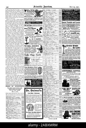 WATERBURY CONN. Capitale addizionale in dotazione. ' WOLVERINE' gas e motori a benzina stazionaria e marine. WOLVERINE motore opera Grand Rapids Michigan. I motori 0 Semplicità economia OLDS MOTOR WORKS 1328 Jeff. Ave. Detroit Mich BUFFALO SPECIALTY MFG. CO. Buffal N.Y. U. S. A. GAS MOTORE ACCENDITORI Carlisle & Finch Co. Prezzo di lavoro negozi BARNES' piedi macchine Power Tool Catalog. Un sulla terra!, Scientific American, 1901-05-11 Foto Stock