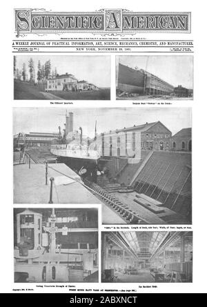 Un giornale settimanale di informazioni pratiche arte scienza meccanica e chimica produce. Vol. LXXXVNo. 21. La torpediniera "Rowan' sugli stock. "Iowa' in Drydock. Lunghezza del Dock 650 piedi ; larghezza 67 piedi; profondità 39 piedi. Test di resistenza trasversale di legname macchina Shop., Scientific American, 1901-11-23 Foto Stock