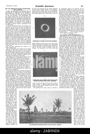 Il LICK OBSERVATORY-CROCKER ECLIPSE EXPEDI ZIONE DI SUMATRA. Fotografia della CORONA CON FLOYD telescopio. Sporgenze estreme e la corona interna da negativo fissato con 40-piede telescopio. Alcune esposizioni presso l'AUTOMOBILE SHOWII. Leccare OBSERVATORY-CROCKER STAZIONE ECLIPSE PADANG in Sumatra., Scientific American, 1901-11-23 Foto Stock