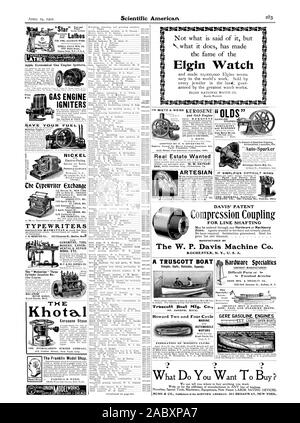Motori a benzina semplicità ed economia Olds motore lavora ai proprietari di motori a benzina automobili Lancia ecc. TheAuto=Sparker dispositivo Motsinger Mfg. Co. DAVIS' brevetto accoppiamento di compressione per la linea di scopare FABBRICATO DALLA W. P. Davis Machine Co. ROCHESTER N. Y. U. 5. A. specialità : verso il basso ciò che vuoi acquistare ?, Scientific American, 1902-04-19 Foto Stock