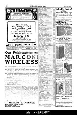 Non WILLIAMSTAr Bruciori di J. B. WILLIAMS CO. Conn. di Glastonbury U.S.A. "La verità, tutta la verità e niente altro che la verità" ELG IN GUARDARE ELGIN NATIONAL WATCH CO. ELGIN ILLINOIS. Gli investitori desiderosi di realizzare il grande interesse e di profitti possibili nella legittima industria mineraria Petrolio Timber & Smel ter investimenti e dividendi paganti scorte industriali quotate e non quotate devono inviare per la nostra le nostre pubblicazioni sul mar.WIRELESS CONI INVIEREMO GRATUITAMENTE MUNR.OE & MUNR OE ampio edificio della Borsa di New York Gaff edificio Chicag Canada Life Building regola di Montreal o scala frazione universale W. F Foto Stock