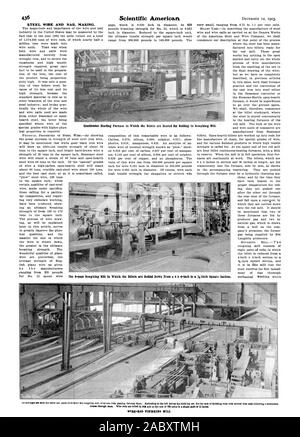 436 di filo di acciaio e chiodo. Scientific American il 8-pass mulino di sgrossatura in cui le billette sono rotolato giù da 4 x 4 pollici tna nch a sezione quadrata. corso attraverso di loro filo rodkare laminati in questo mulino al tasso di 778 miglia in un turno unico di ore WIRR-ROA VENTO:MING MILT, 1903-12-12 Foto Stock