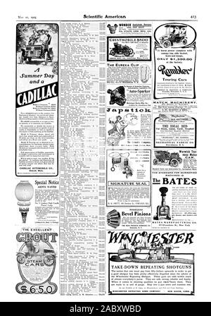 Detroit. Mich La graffa di EUREKA La Società Culecide corrispondono a macchinari. BIG money IN PARTITE. Lo standard per le macchine di numerazione è. MANUFACTURING CO. 'Auto=Sparker dispositivo Motsinger Mfg. Co. MATTRe il letto ideale per Home Camp Yacht Non-Absorbent ospedale-Hygienie-Odoriess meccanica del tessuto CO. Warwick Ton neau autovettura. Si ricercano Agenti guarnizioni bottiglie scatole di pacchetti di carte porte auto silenzioso pignoni conici Touring Cars alcakr THOMAS B. JEFFERY AL COMPANY Kenosha Wisconsin U. S. A. BATES PRENDERE LA RIPETIZIONE FUCILI A CANNA LISCIA, Scientific American, 1904-05-21 Foto Stock