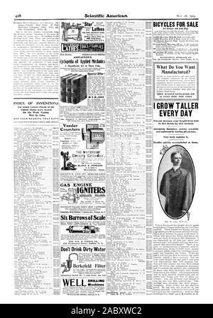 Indice delle invenzioni NGINE L&piedi di Appleton. dell'enciclopedia di meccanica Applicata Offerte speciali FRONTIER Iron Works 2 Auburn Ave. Buffal N. Y. sei carriole di scala non bere acqua sporca le biciclette per la vendita a prezzi tutti possono pagare quello che vuoi fabbricati? Papa Manufacturing Co. 21 PARK ROW NEW YORK HO CRESCERE TALLER a 5 pollici da questo metodo. Assolutamente innocui rigorosamente scientifica e vistato dal prestito di medici. Libro libero spiega. Rapidamente i risultati raggiunti a casa. Contatori I WATERBURY Emery Grinder BLAKE & JOHNSON WATERBURY CONN. Motore a gas incendiare Berkefeld filtro macchine di foratura Foto Stock