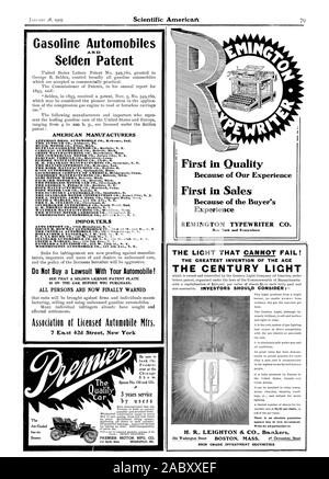 Automobili a benzina e brevetto Selden i produttori americani APPERSON BROS. AUTOMOBILE CO. Kokom Ind. Il AUTOCAR CO. Ardmore Pa. Buick Motor Co. Mich Flint CADILLAC UN UTOPIOBILE CO. Detroit Mich CREST Manufacturing Co. Dorchester. Messa. Il Commercial Motor Co. Jersey City N. J. ELECTICIC VEHICLE CO. Hartford Connecticut. ELMORE Manufacturing Co. Clyde 0. II. II. FRANKLIN Manufacturing Co. Siracusa N. Y. Il KIRK MANUFACTURING CO. Toled 0. KNOX AUTOMOBILE CO. Springfield messa. LOCOMOBILE COMPANY OF AMERICA Bridgeport Conn NORTHERN MANUFACTURING CO. Detroit Mich OLDS MOTORE LAVORA Detroit Mich Foto Stock