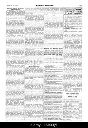 Riscaldamento e illuminazione utilità di uso domestico macchine e dispositivi meccanici. Recentemente invenzioni brevettate di interesse generale. off. I corridoi e i loro accessori. Business e personale vuole. sario per dare il numero della richiesta. MUNN & CO. Indice delle invenzioni per le quali lettere di Brevetto degli Stati Uniti sono stati rilasciati per la settimana che termina il 14 Febbraio 1905 Note" e ho merles., Scientific American, 1905-02-25 Foto Stock