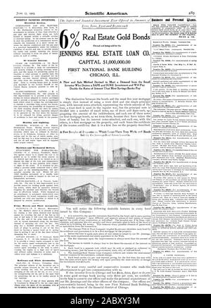 Immobiliare di legami d'oro di proprietà e di essere venduto dalla ENNINGS del credito immobiliare CO. Capitale $1000000.00 First National Bank Building CHICAG ILL. Recentemente invenzioni brevettate. Di interesse generale. Riscaldamento e illuminazione. Macchine e dispositivi meccanici. I propulsori primari e dei loro accessori. Ferrovie e dei loro accessori. Business e personale vuole. sario per dare il numero della richiesta, Scientific American, 1905-06-17 Foto Stock