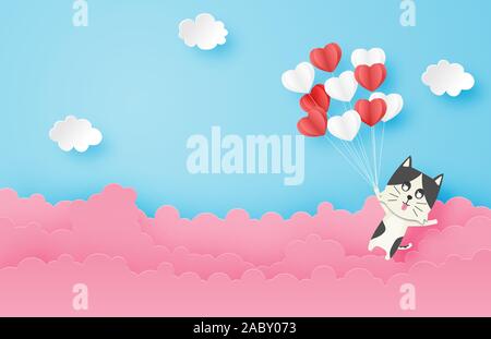 Illustrazione dell'amore. Happy cat fluttuante nel cielo con forma di cuore palloncino in carta tagliata stile. Digitale carta craft art il giorno di San Valentino del concetto. Illustrazione Vettoriale