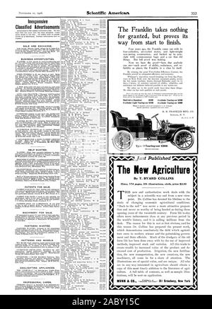 Poco costoso annunci Vendita e Scambio. Opportunità di business. Aiuto voluto. I BREVETTI PER LA VENDITA. Macchine ed apparecchi per la vendita. Ricerca partners. Schemi e modelli. GAS-Apparecchi di illuminazione. Schede professionali. Il Franklin prende nulla per scontato ma dimostra il suo modo dall'inizio alla fine. Albero-drive utilitaria $1800 a 4 cilindri Touring Car $2800 4 cilindri di luce-Touring Car $1850 a 6 cilindri Touring Car $4000 tipo D Touring Car $2800 La nuova agricoltura 12mo. 374 pagine. 106 illustrazioni panno. prezzo $2.00 da T. BYARD COLLINS appena pubblicato " 1 ir '4V'. ' PrA, Scientific American, 1906-11-10 Foto Stock