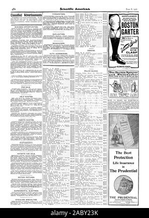 Annunci Opportunità di business. Per la vendita. Aiuto voluto. Gli agenti volevano. I BREVETTI PER LA VENDITA. MOTION Pictures. Impianto elettrico sperimentale. Occhio di vetro macchine da scrivere di specialità. I DUPLICATORI. Mal di mare. Colleghi BOSTON GARTER il cuscino pulsante chiusura facile sempre la migliore protezione delle assicurazioni sulla vita nel Prudential Prudential e }Whitewasher copre 10.000 metri quadrati di superficie al giorno ijt, Scientific American, 1907-06-08 Foto Stock