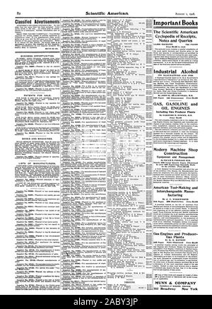 Gli annunci economici necessari a dare il numero della richiesta. MUNN & CO. Opportunità di business. I BREVETTI PER LA VENDITA. Libri e riviste. Elenchi di produttori. Indagine n. 8728.-voleva che l'indirizzo dell'indagine n. 8729.-voleva una macchina per manu importanti libri scientifici dell'Enciclopedia americana di ricevute di note e richieste ricevute 15000 734 pagine Prezzo 95.00 in stoffa alcol industriale LA SUA FABBRICAZIONE E utilizza da John K. BkACHVOGEL M.E. La benzina a gas e motori ad olio compresi produttori di gas di piante a GARDNER D. HISCOX M.E. Prezzo 82.50 moderno negozio di macchina di costruzione e di attrezzature Foto Stock