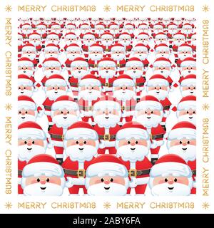 Auguri di Buon Natale. Un enorme gruppo di Santa clausole su sfondo bianco. Funny greeting card. Illustrazione Vettoriale. Illustrazione Vettoriale