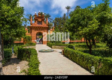 Giardini presso il Real Alcazar de Sevilla, il Royal Alcázar di Siviglia è un palazzo reale a Siviglia Andalusia Spagna Foto Stock