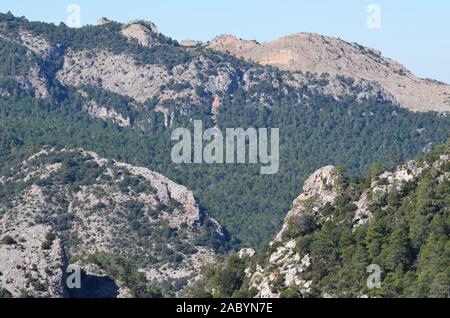 Formazioni geomorfologia di Els porte del Parco Naturale, un calcare massiccio montuoso al confine tra Aragona e Catalogna Foto Stock